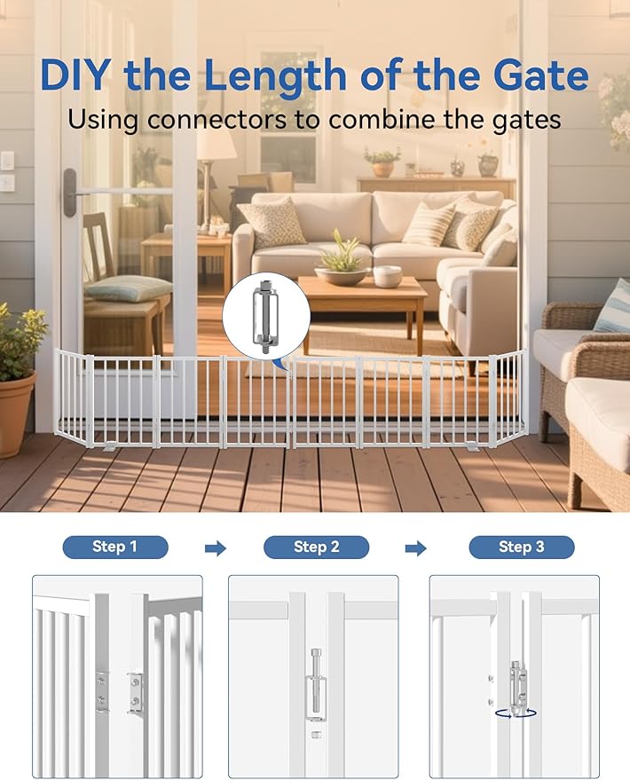 BFNN Free Standing Dog Gate, 16.5" High Short Pet Gate for Stairs and Doorways, Up to 48" Wide Foldable Puppy Fence, Indoor & Outdoor Use, No Drilling and No Assembly, for Small & Toy Dogs, White