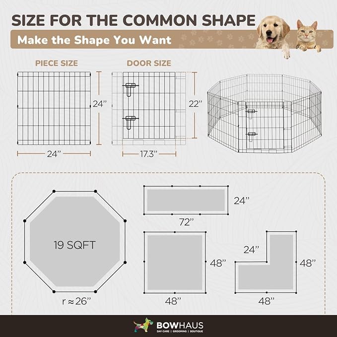BOWHAUS Foldable Outdoor/Indoor Pet Playpen with Gate, Available in 24 Inch Height Metal Portable Kennel, Heavy-Duty Exercise Fence Cage 8 Panels for Small Dog, Animals