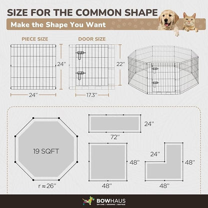 BOWHAUS Foldable Outdoor/Indoor Pet Playpen with Gate, Available in 24 Inch Height Metal Portable Kennel, Heavy-Duty Exercise Fence Cage 8 Panels for Small Dog, Animals