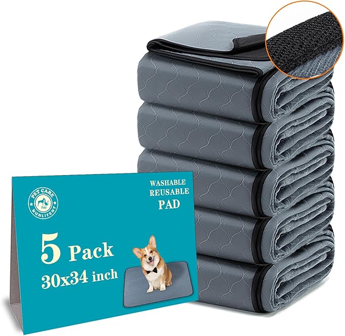 Bunlitent Washable Pee Pads for Dogs 5 Pack, 30x34, Reusable Puppy Pads, Washable Potty Pads with Quick Dry, Anti-Slip Dog Cat Pee Pads, Whelping Pads, Puppy Mat