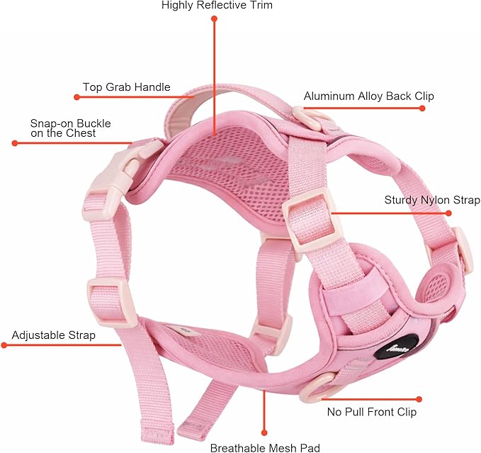 Petmolico No Pull Cute Dog Harness for Small Dogs, with Two Leash Clips and Soft Handle, Reflective Easy Walk Dog Harness- Light Pink,Small
