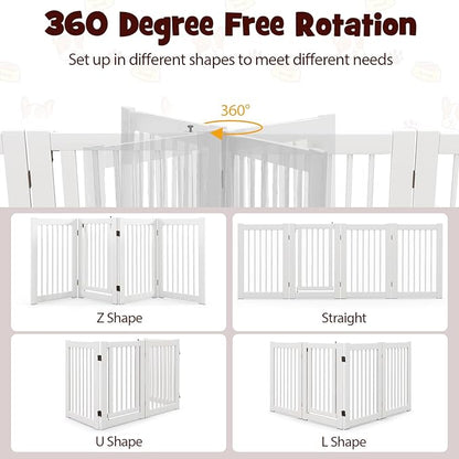 Giantex Dog Gate with Door - 30''H × 80''W Wooden Pet Gate with Walk Through Door, Foldable Freestanding 4 Panels Pet Safety Fence Extra Wide for Doorway Stairs House Deck Yard, White