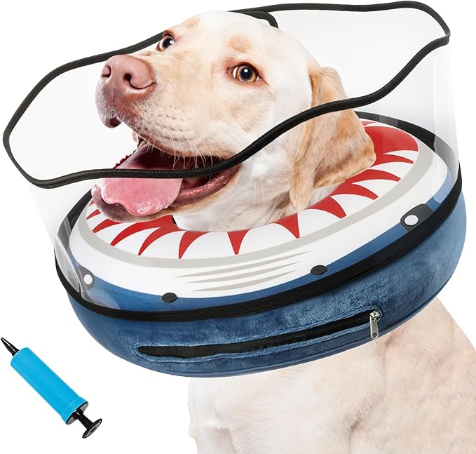 Inflatable Dog Cone Collar Soft Dog Cone Alternative After Surgery to Stop Licking for Large Medium Dogs Recovery Donut Cone Adjustable Neck Collar with Enhanced Anti-Licking Guard Shield,Shark Blue,M