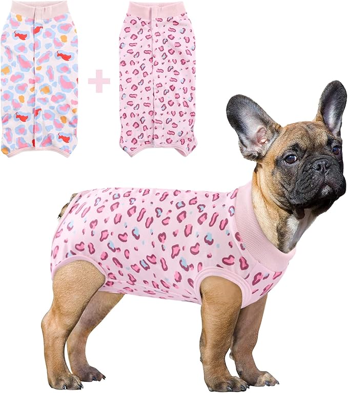SAWMONG Dog Surgery Recovery Suit, 2 Pack Leopard, Pink, Breathable Polyester, Small, Alternative to Cone-E-Collar