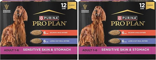 Purina Pro Plan Sensitive Skin and Stomach Wet Dog Food,Salmon and Rice-and Lamb-and Oat Meal Variety Pack - 13 oz. Cans,(Pack of 24)