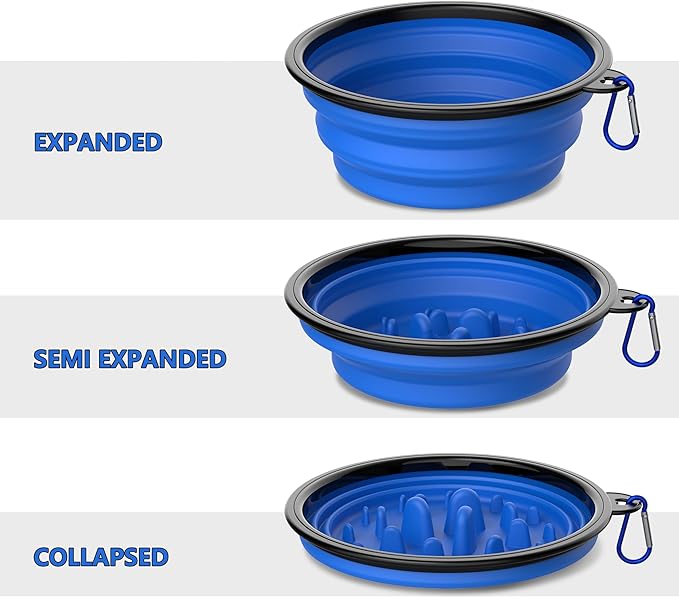2 Pack [Slow Feeder Design + Regular], Collapsible Dog Bowl Travel Portable Pet Bowls, [34oz,1000ml] Foldable Food Water Feeding Dishes for Traveling Hiking Walking with Carabiners [Blue,Green]