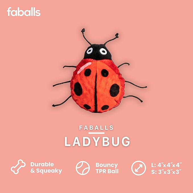 fabdog Faballs Dog Ball Toys - Super Squeaky Durable Dog Toys for All Breeds - Plush Dog Squeak Toy Balls | Animal-Themed Plush Toys | Small Lady Bug