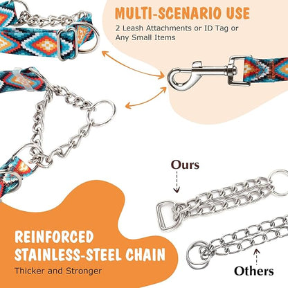 Martingale Dog Collar with Chain, No Pull Slip Cinch Choker Choke Collar Western Boho Aztec Duty Dog Collar for Medium Large Extra Large Pet Dogs,Western XL
