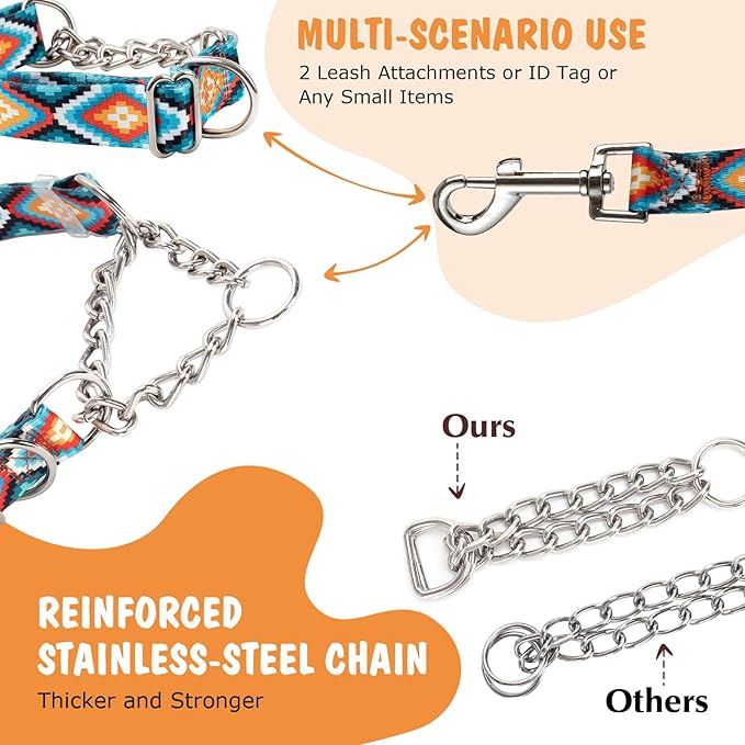 Martingale Dog Collar with Chain, No Pull Slip Cinch Choker Choke Collar Western Boho Aztec Duty Dog Collar for Medium Large Extra Large Pet Dogs,Western L