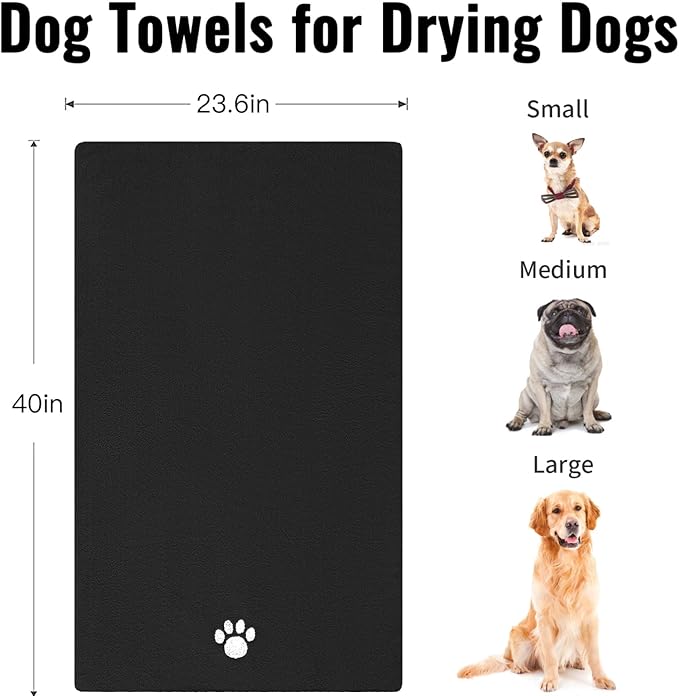 Puomue 3 Pack Microfiber Dog Towels for Drying Dogs, Super Absorbent and Soft Pet Grooming Towel, 40 Inch X 23.6 Inch, Perfect Dog Drying Towels for Large, Medium or Small Dogs, Black
