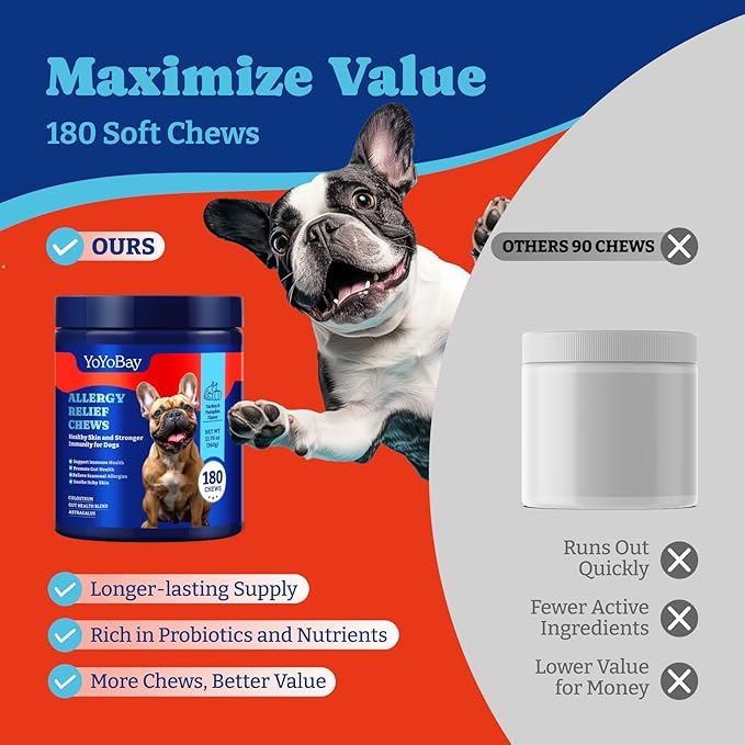 Dog Allergy Relief Chews – 180 Soft Chews, Turkey & Pumpkin Flavor - Immune Support & Itch Relief with Colostrum, Astragalus Root, 6-Strain Gut Health Blend