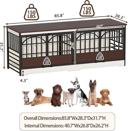 COZPAW 86 Inch Double Dog Crate Furniture, Extra Large Dog Kennel Indoor for 2 Dogs, Heavy Duty Dog Cage with Divider, Wooden Dog House Decorative Table TV Stand for XLarge Dogs (White&Brown)