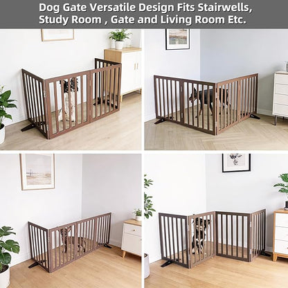 Dog Gate Indoor, Freestanding Dog Fence for The House, Doorways, Hallways,or Stairs,Pet Gate Foldable Wooden,Expandable 24" Height 4 Panels,Brown