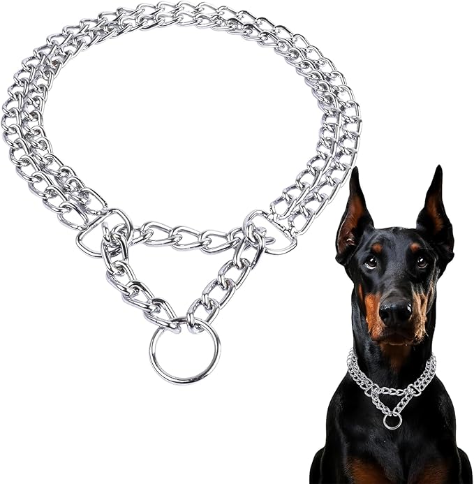 Silver Dog Chain Collar, Double Row Martingale Chain Dog Collars, Chew Proof Metal Cuban Link Dog Collar Adjustable for Small Medium Large Breed Dogs (2 Row, S)