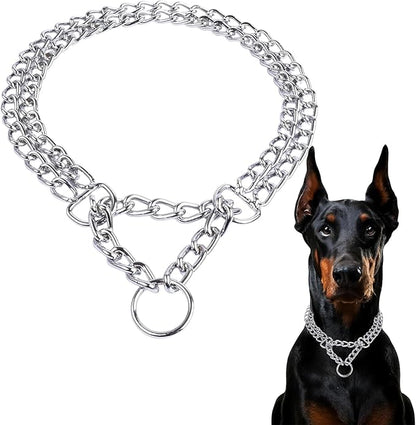 Silver Dog Chain Collar, Double Row Martingale Chain Dog Collars, Chew Proof Metal Cuban Link Dog Collar Adjustable for Small Medium Large Breed Dogs (2 Row, S)