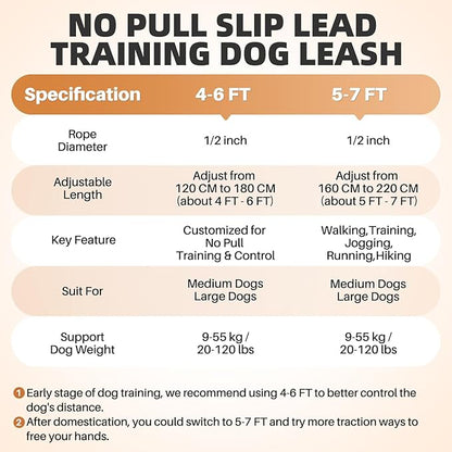 SlowTon Slip Lead Dog Leash, Adjustable 5-7 FT, 1/2” Rope, Heavy Duty Nylon Leashes with Padded Handle & Highly Reflective Threads, No Pull Training Leash for Medium Large Dogs 20-120lb (Orange, L)