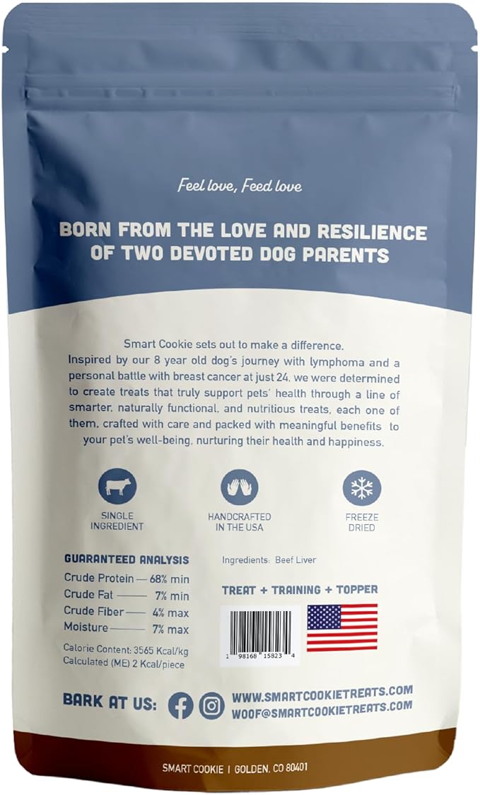 Smart Cookie Freeze Dried Beef Liver Bites - Single Ingredient Freeze Dried Beef Liver Dog Treats for Low Calorie Training Treats for Dogs or Dog Food Topper - Made in USA - 2oz Bag, 3 Pack