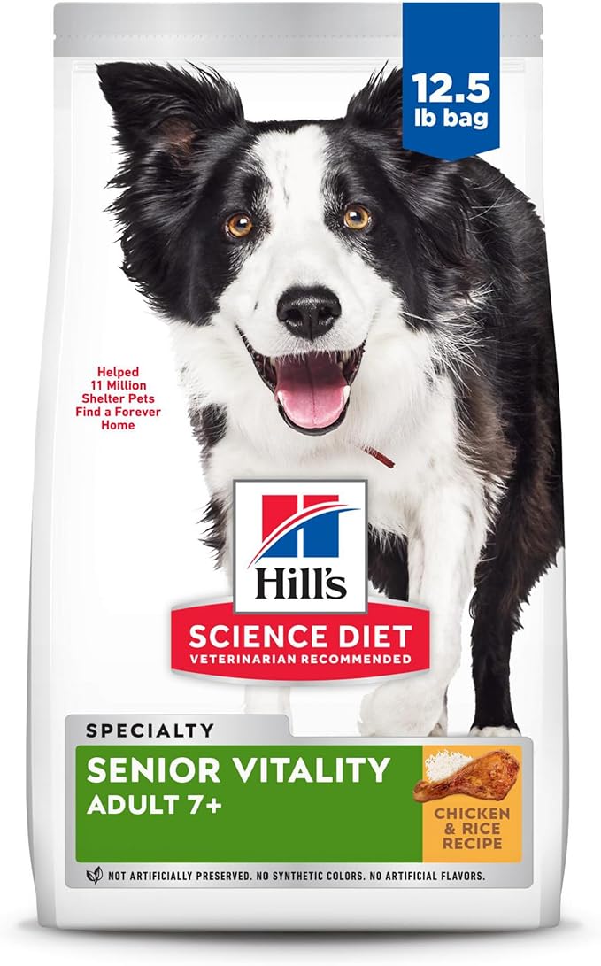 Hill's Science Diet Adult 7+ Senior Vitality Dry Dog Food, Chicken & Rice, 12.5 lb. Bag