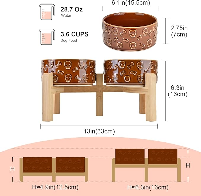 SPUNKYJUNKY Elevated Dog Bowls Ceramic, 6.1'' Dogs and Cat Food Water Bowls Raised with Non-Slip Bamboo Stand for Medium Sized Breed Microwave Dishwasher Safe - 28.7 OZ,Skull Bronze