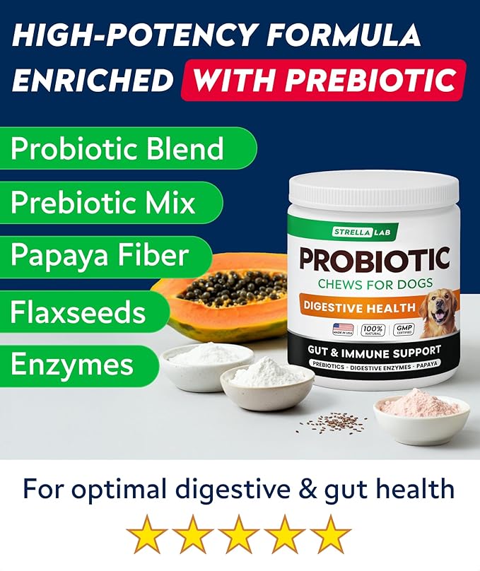 STRELLALAB Dog Probiotics Chews for Digestive Health & Gut Support with Yeast and Enzymes - Anti Gas, Diarrhea and Upset Stomach Immune Supplement - Digestion Treats with Fiber (180Ct, Bacon)