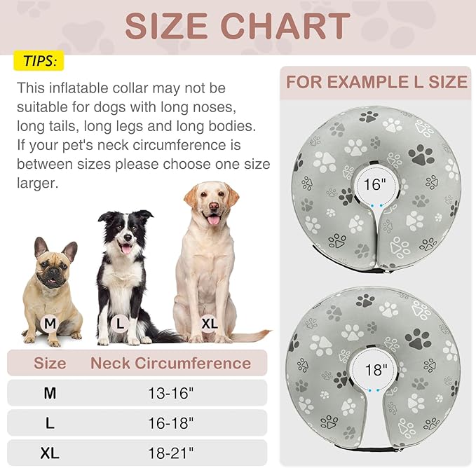 SCENEREAL Dog Cone Alternative After Surgery Donut Collar, Soft Pet Recovery Pillow Collar for Medium Large Dogs, Inflatable Adjustable Neck Collars to Prevent Licking, Grey Footprints L