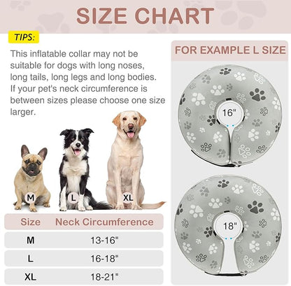 SCENEREAL Dog Cone Alternative After Surgery Donut Collar, Soft Pet Recovery Pillow Collar for Medium Large Dogs, Inflatable Adjustable Neck Collars to Prevent Licking, Grey Footprints L