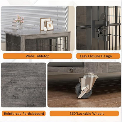 PRETZI Dog Crate Furniture with Cushion,38" Wooden Dog Crate nightstand with Double Doors, Grey Kennel Indoor with Wheels, Decorative Pet House for Medium Large Dog
