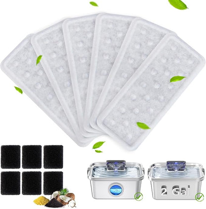 6 Pack Dog Water Fountain Filters and 6 Pack Sponges, Suitable for Stainless Steel Dog Water Fountain (PF-SS-01/PF-SS-02/PF-SS-03/PF-SS-04), High Efficiency Filtration, Idividual Package