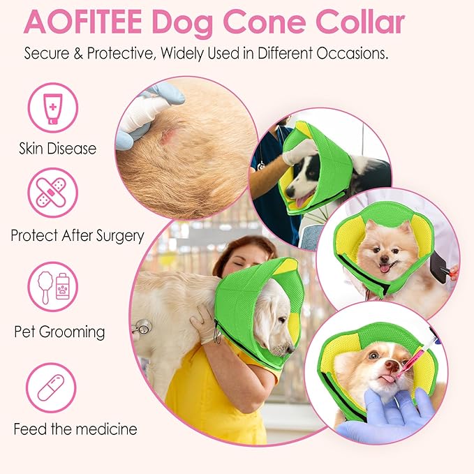 AOFITEE Dog Cone - Soft Cones Dog After Surgery, Comfy Cones for Dogs to Stop Licking, Adjustable Small Dogs Cone Collar for Wound Healing, Elizabethan Pet E-Collar, YellowGreen Small