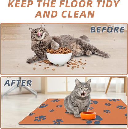 18"×30" Dog Food Mat-Absorbent Dog Mat for Food and Water, No Stains Quick Dry Cat Food Bowl Mat with Footprints for Messy Drinkers,Orange