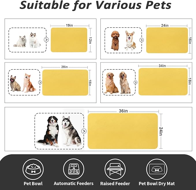 HotLive Dog Food Mat - Absorbent Cat Mat for Food and Water, No Stains Pet Feeding Bowl Mat, Easy to Clean Pet Placemats, Quick Dry Dog Water Dispenser Mat for Messy Drinkers | Yellow 16"x 24"