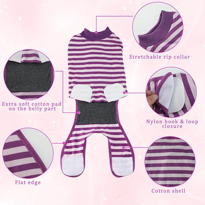2 Packs Breathable Cotton Dog Recovery Suit for After Neuter Spay Abdominal Wounds Protector, Professional Anti-Licking Onesies for Male Female Pets Surgery Bandages, S Purple & Pink Stripes