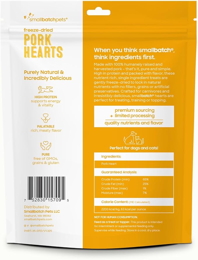 smallbatch Pets Premium Freeze-Dried Pork Heart Treats for Dogs and Cats, 3.5 oz, Made and Sourced in The USA, Single Ingredient, Humanely Raised Meat, No Preservatives or Anything Artificial