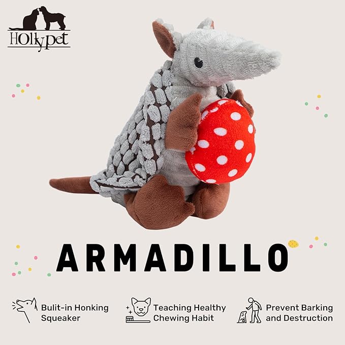Hollypet Plush Dog Squeaky Toy Stuffed Armadillo Animal Pet Puppy Chew Toys with Clean Teeth for Small Medium Large All Breed Sizes Dogs, Gray, 8 in, Red Eggs with White Dots