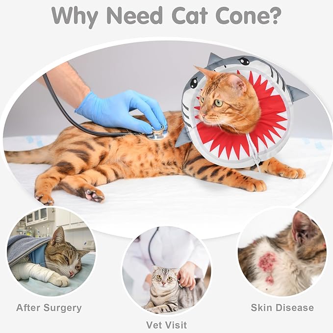 BEAUTYZOO Cat Cone Collar Soft, Cat Donut Recovery Collar after Surgery to Stop Licking, Kitten E Collars Neck Pillow Cone for Cats, Adjustable Elizabeth Pet Collars for Puppy Small Dogs, Grey Shark S