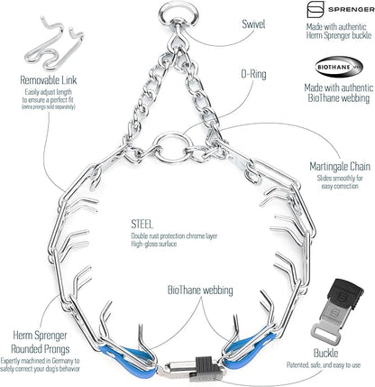 Herm Sprenger Chrome Plated Steel Dog Collar with Quick Release ClicLock Buckle and Biothane Insert Training Collar for Dogs Made in Germany (Cerulean Blue, 25in x 4.0mm(Neck Size up to21-22in))