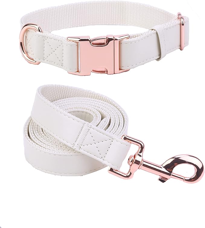 Dog Collar and Leash Set.Soft and Easy to Clean Vegan Leather with Rose Gold Metal Buckle for Small Medium Large Dogs (Off-White, L(15.4”-24.8“)