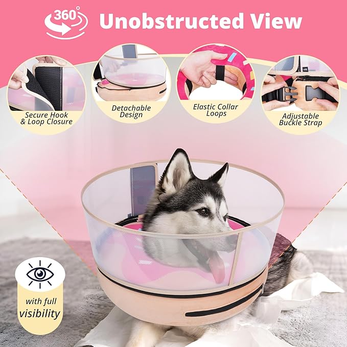Inflatable Dog Cone with Transparent Shield, Protective Dog Donut Collar After Surgery to Stop Licking, Soft Donut Cone for Medium Plus Pets, Adjustable Recovery Collar with Buckle Visibility