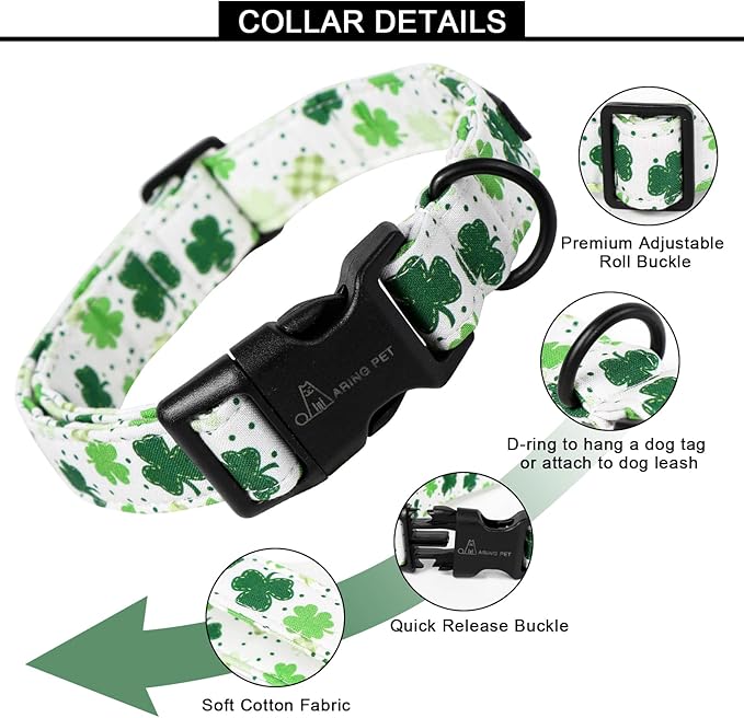 ARING PET St Patrick's Day Dog Collar, Cute White Clovers Pet Collars with Quick Release Buckle for Puppy Small Medium Large Boy Girl Dogs-XS