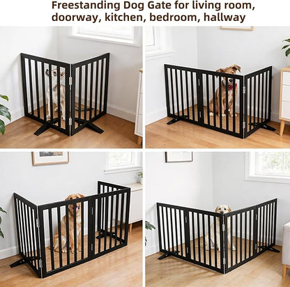 ZJSF Freestanding Indoor Dog Gate for House Foldable Wood Puppy Gate for Doorways Pet Gate for Stairs Extra Wide Pet Fence, Black, 24" Height 2 Panels