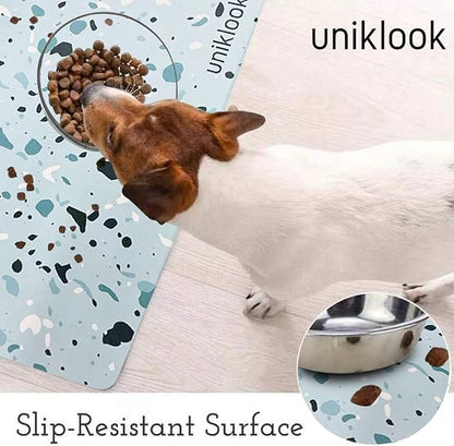 Large Pet Placemat Food & Water, Dog Cat Food Mat for Pet Bowls 28" X 16.5" Waterproof Easy to Clean Dog Mat for Bowl Food Water Terrazzo Blue Uniklook