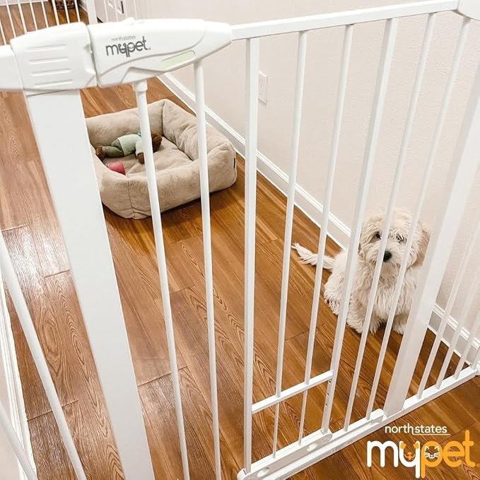 MYPET North States Extra Tall & Wide Walk Thru EasyPass Pet Gate with Patented Adjustable pet Door: 29.75” - 52” Wide Dog Gate. Pressure Mount, No Tools Needed. Dog Gates for House, 41" Tall, White