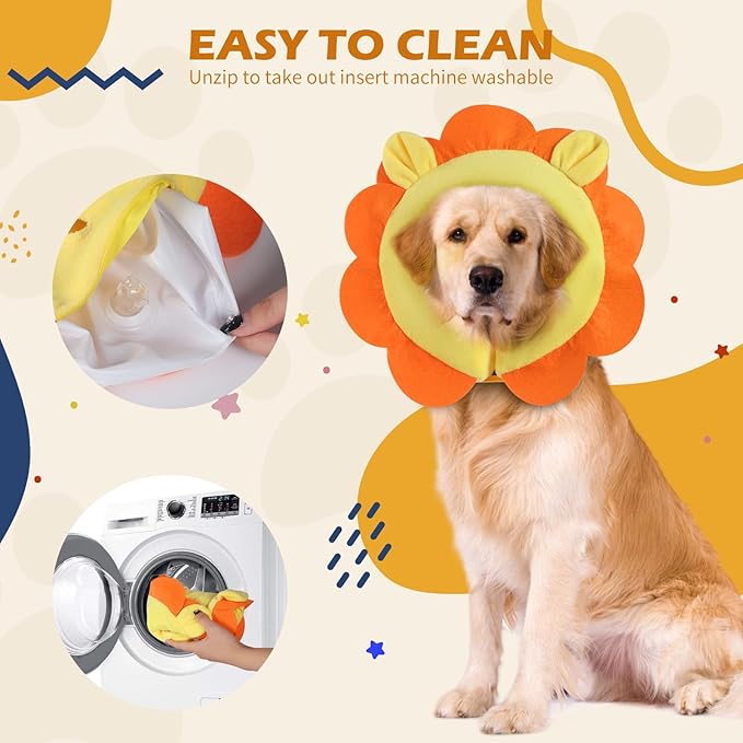 IEUUMLER Inflatable Recovery Dog Collar, Protective Donut Cone, Adjustable Soft Collar for Dog and Cat After Surgery Prevent from Biting & Scratching EU002 - Orange Lion M