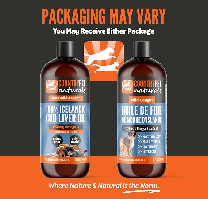 Wild-Caught Pure Icelandic Cod Liver Oil for Dogs & Cats 8oz, Single-Ingredient, 1150 mg Omega-3, High EPA/DHA, Natural Vits A&D, Supports Healthy Skin, Coat & Mobility, 8oz bottle