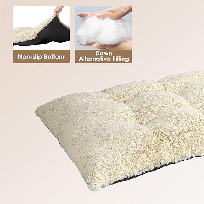 EHEYCIGA Fluffy Dog Crate Bed for Medium Dogs, Plush Faux Fur Crate Pad, Calming Anti Anxiety Medium Dog Bed, Washable Soft Warm Mat with Non-Slip Bottom, Ivory Beige