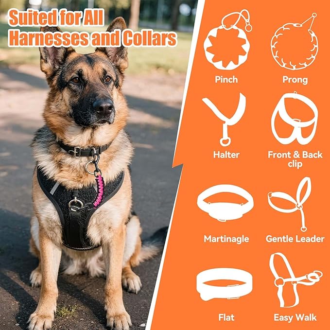 Dog Collar Safety Clip, Collar Companion, Handmade Backup Safety Strap, Double-Ended Clip Leash Connector, Suitable for Dog Harnesses, Prong, Pinch Collars (Black,Pink, 1 Pack)