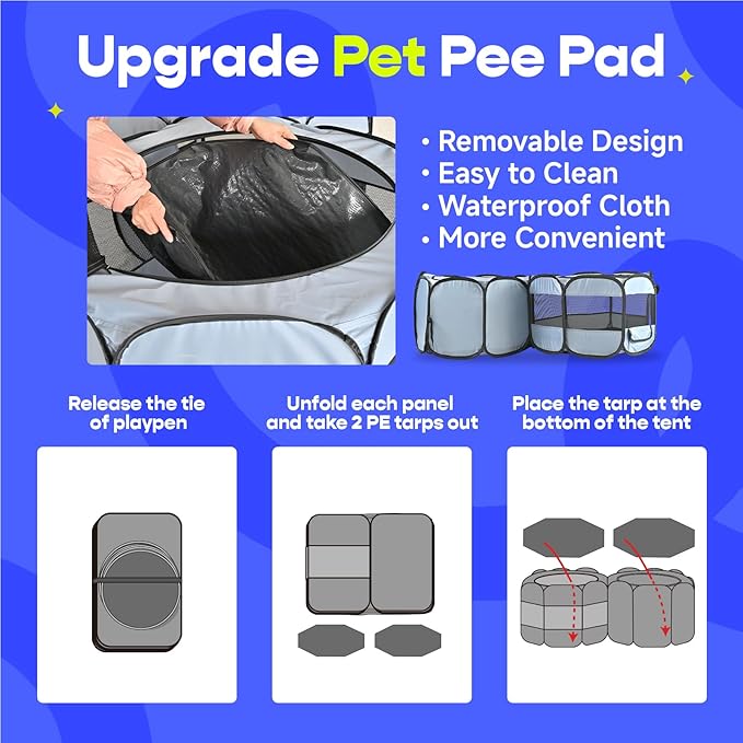 EighteenTek® 2-in-1 Pop up Pet Playpen, Assembly-Free, with Leakproof Pet Pee Pads,Portable Foldable Dog Tent Enclosure Indoor Outdoors Cats Puppy Kittens Small Animals Crates (S, 58" Lx29 Wx17 H)