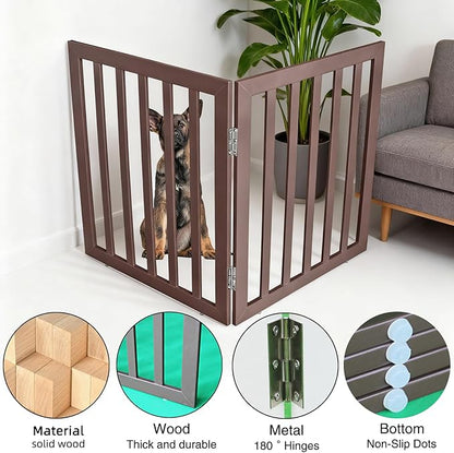 ZJSF Freestanding Indoor Dog Gate for House Foldable Wood Brown Puppy Gate for Doorways Pet Gate for Stairs Extra Wide Pet Fence 24" Height 2 Panels