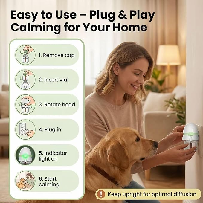 Dog Calming Pheromone Diffuser Kit, Pet Diffuser for Stress Support, Reduces Stress and Promotes Relaxed Behavior, 2 Plug-in & 4 Packs Refill, 120 Day Supply (Non-Toxic, Safe & Inedible), with Light