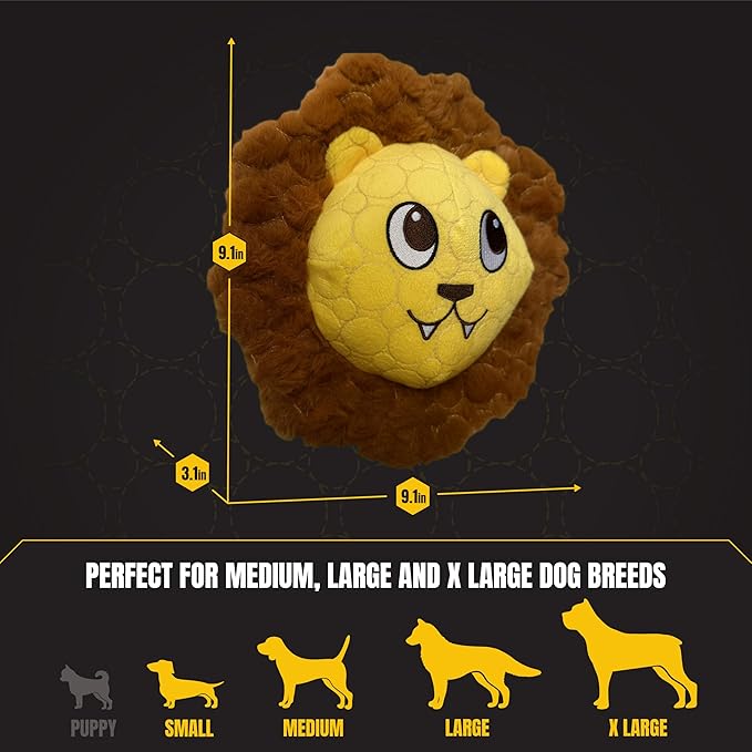 Bite Force -Durable & Strong Dog Toy Mighty Leo with Squeaker, Kevlar-Reinforced for Aggressive Chewers for Small Medium Large Dogs - Yellow.